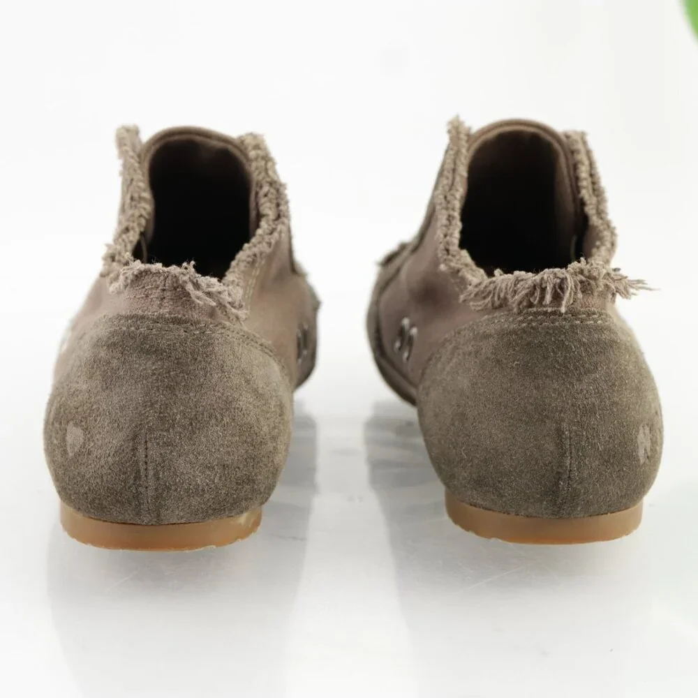 VTG Lucky Brand Womens Sneaker Size 7 Tan Suede Laceless Slip On Frayed Shoes 90